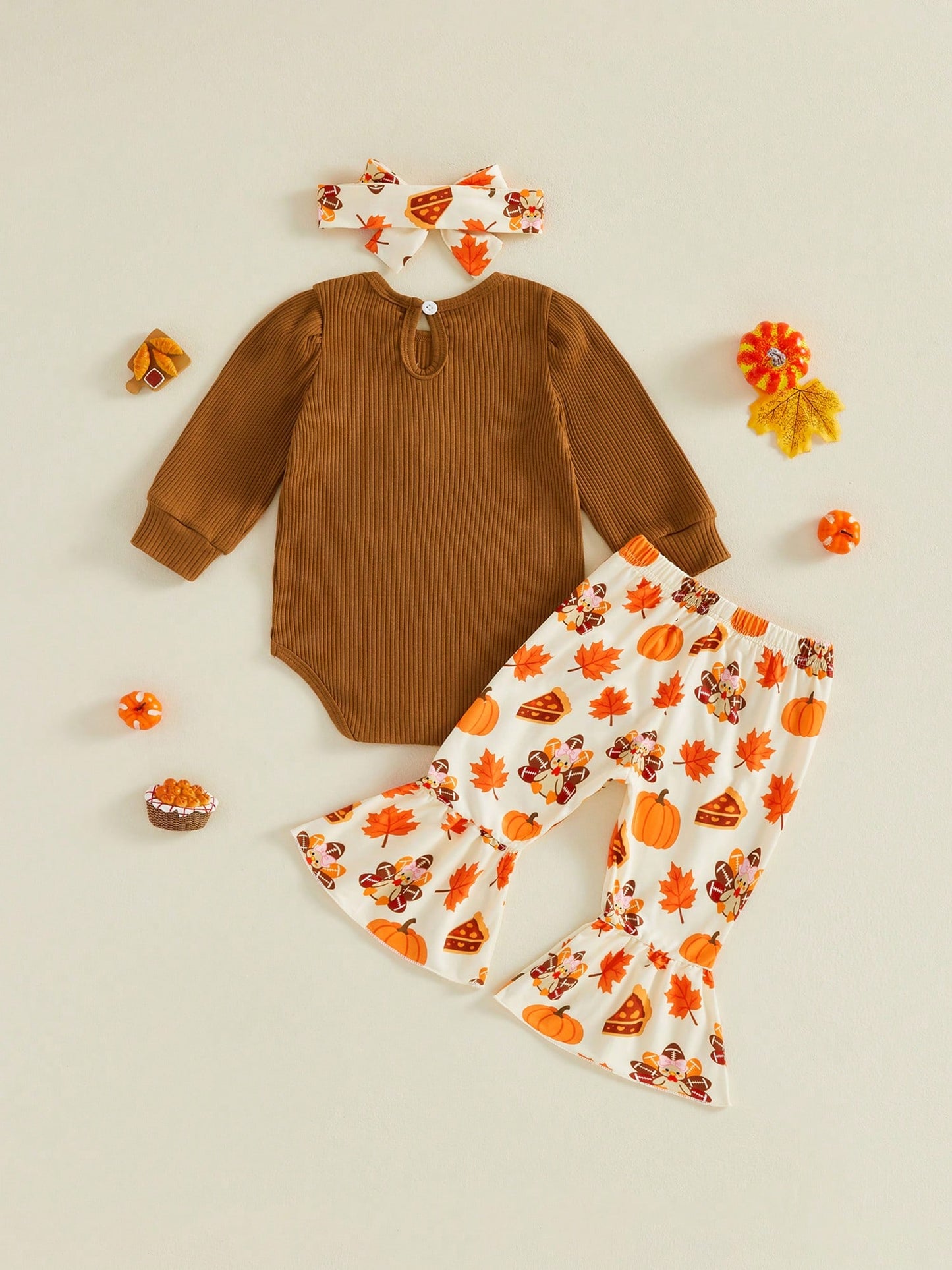 Thanksgiving Baby Girls Outfit Turkey Embroidery Long Sleeve Romper With Print Flared Pants And Headband