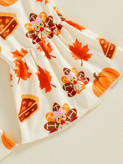 Thanksgiving Baby Girls Outfit Turkey Embroidery Long Sleeve Romper With Print Flared Pants And Headband