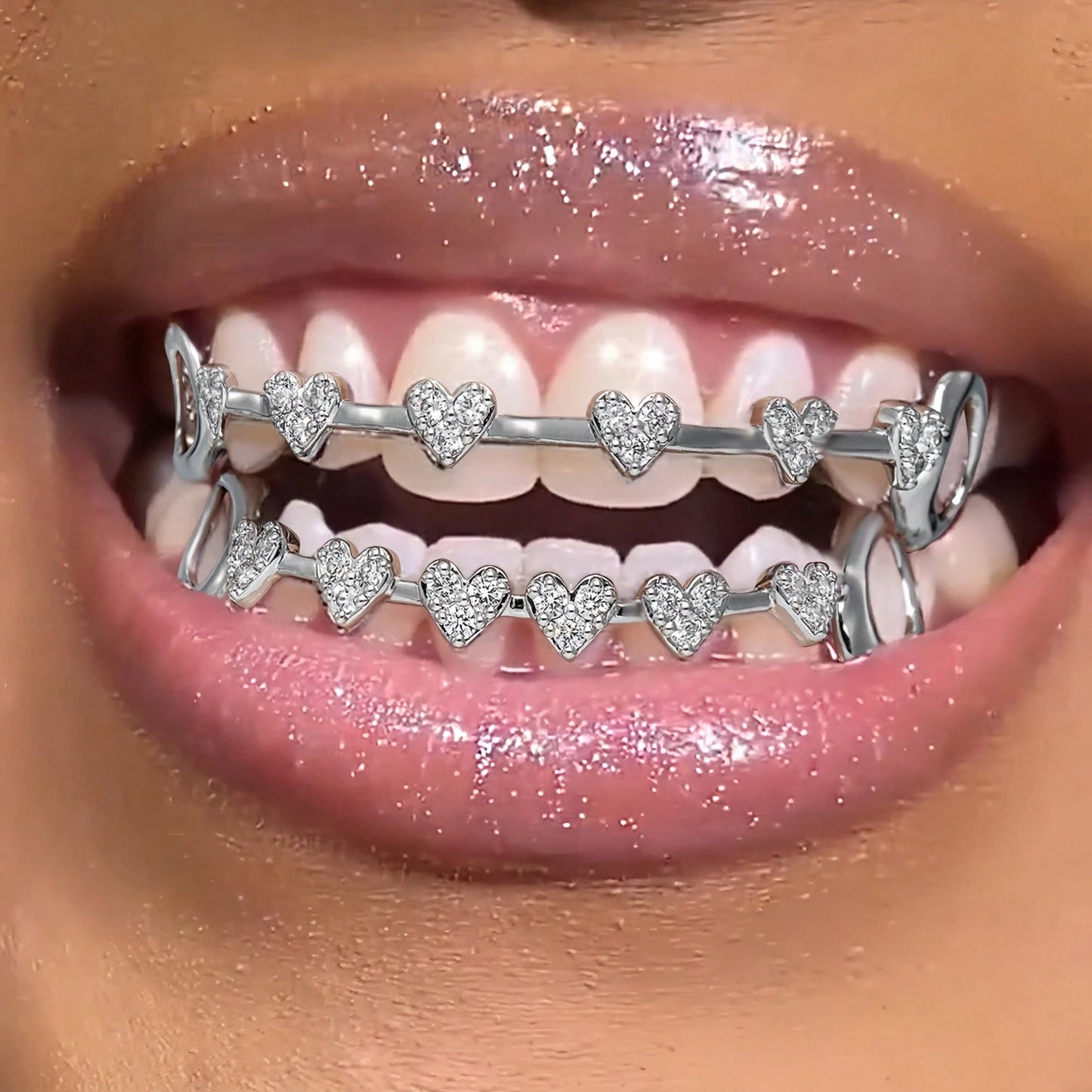 THATBOY 2pcs Love Connection Side Hollowed-Out Grillz Copper Inset 5A Zirconia Hip Hop Jewelry Grillz Cool Pop Party Gift Lady Grillz