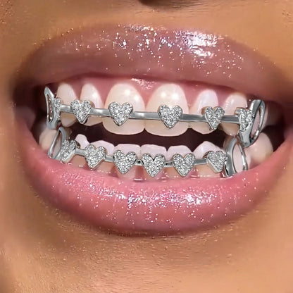 THATBOY 2pcs Love Connection Side Hollowed-Out Grillz Copper Inset 5A Zirconia Hip Hop Jewelry Grillz Cool Pop Party Gift Lady Grillz