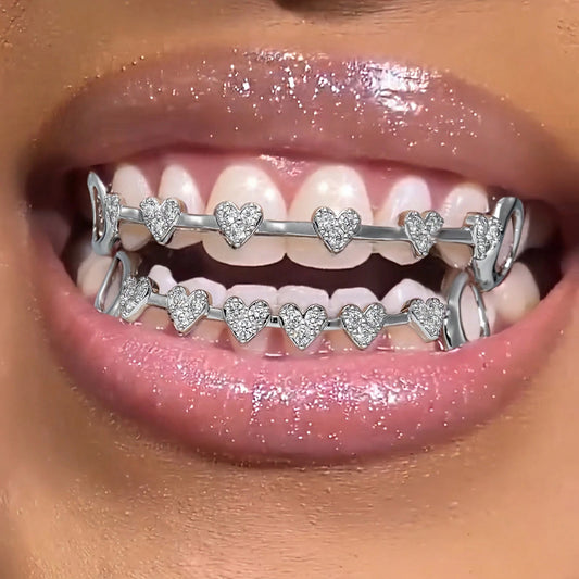 THATBOY 2pcs Love Connection Side Hollowed-Out Grillz Copper Inset 5A Zirconia Hip Hop Jewelry Grillz Cool Pop Party Gift Lady Grillz