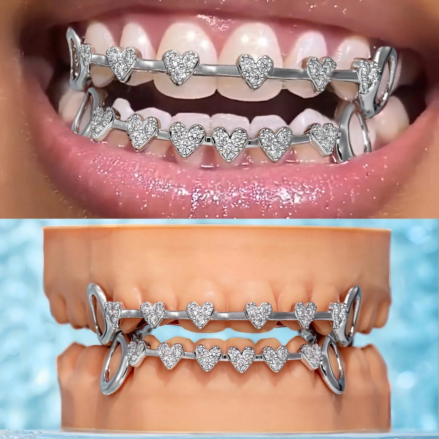 THATBOY 2pcs Love Connection Side Hollowed-Out Grillz Copper Inset 5A Zirconia Hip Hop Jewelry Grillz Cool Pop Party Gift Lady Grillz