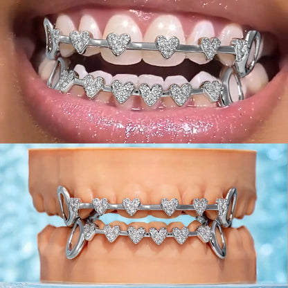 THATBOY 2pcs Love Connection Side Hollowed-Out Grillz Copper Inset 5A Zirconia Hip Hop Jewelry Grillz Cool Pop Party Gift Lady Grillz