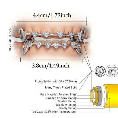 THATBOY 2pcs Love Connection Side Hollowed-Out Grillz Copper Inset 5A Zirconia Hip Hop Jewelry Grillz Cool Pop Party Gift Lady Grillz