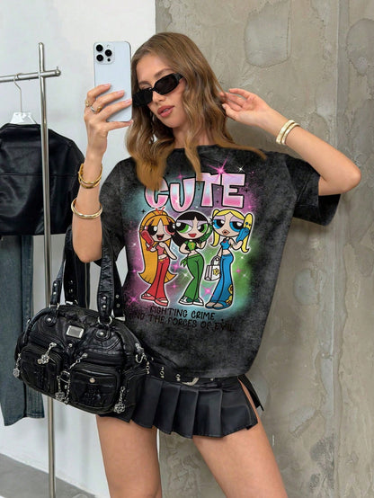 THE POWERPUFF GIRLS X Women's Casual Letter & Cartoon Print Short Sleeve T-Shirt, Versatile For Daily Wear