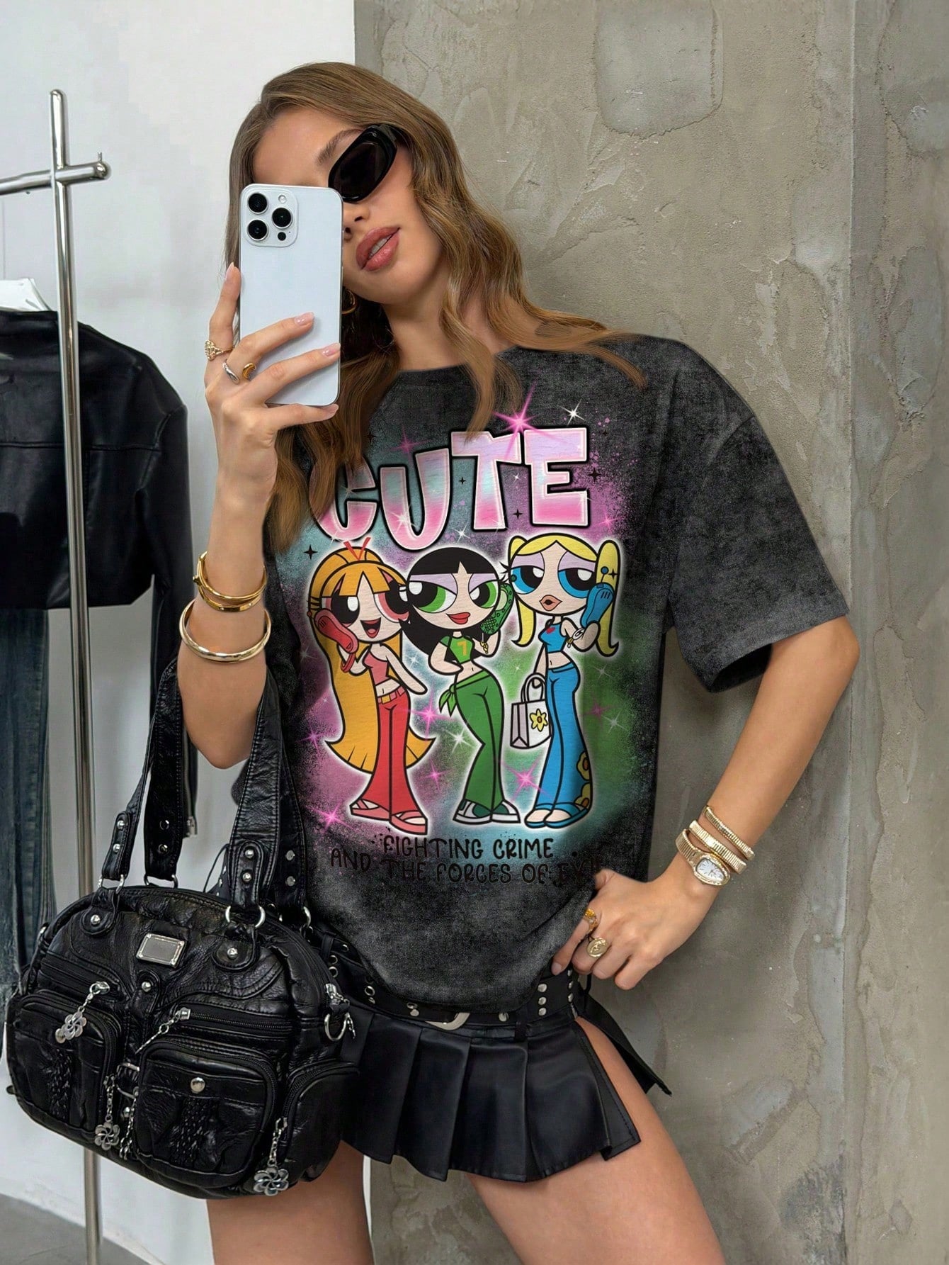 THE POWERPUFF GIRLS X Women's Casual Letter & Cartoon Print Short Sleeve T-Shirt, Versatile For Daily Wear