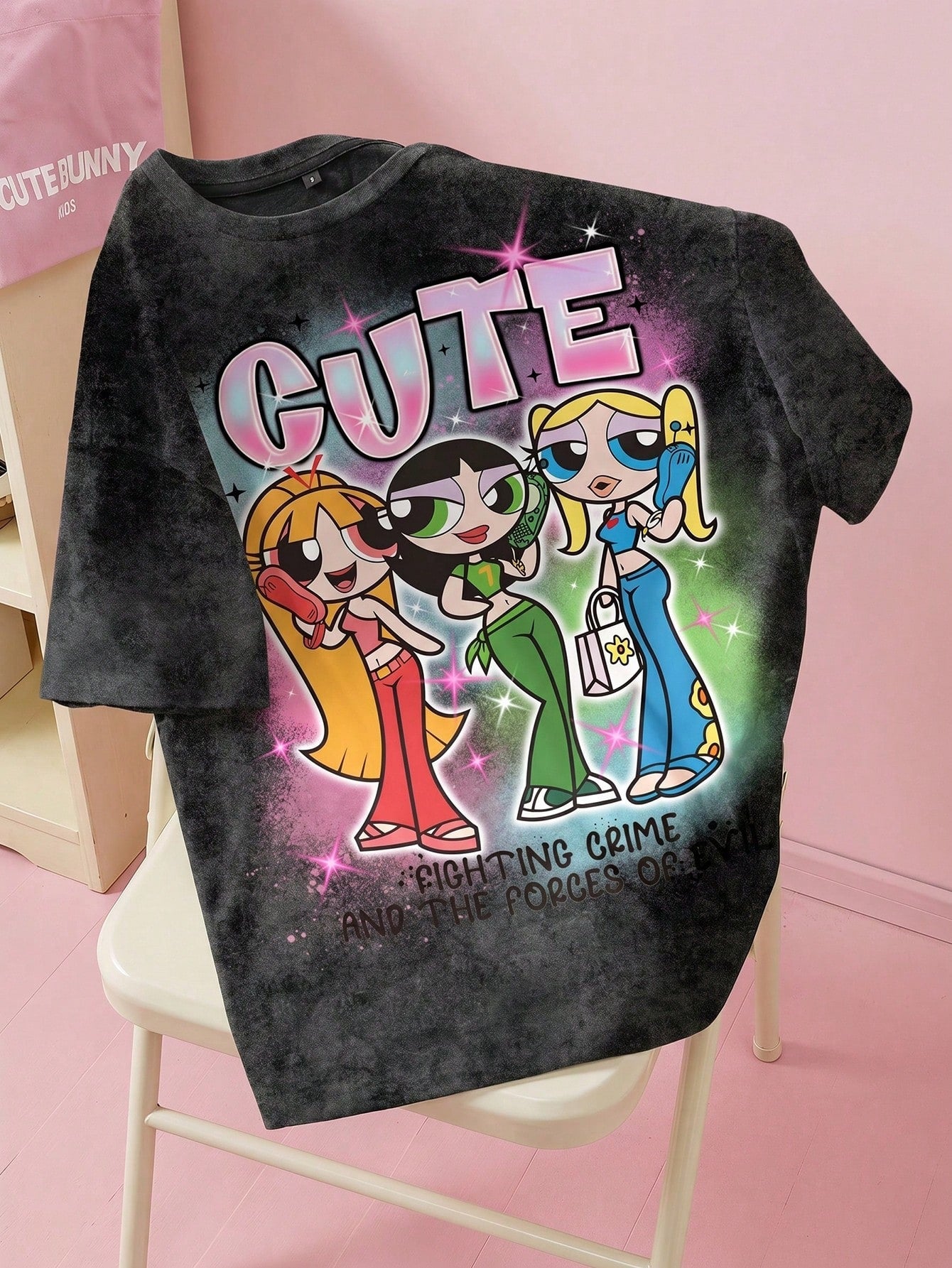 THE POWERPUFF GIRLS X Women's Casual Letter & Cartoon Print Short Sleeve T-Shirt, Versatile For Daily Wear