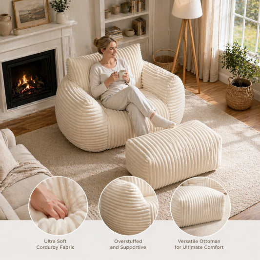 This Modern White Beanbag Chair For Adults Features A Soft, Comfortable Corduroy Upholstery And Is A Large, Comfortable Seat Suitable For Living Rooms, Bedrooms, Studies, And Reading Nooks.