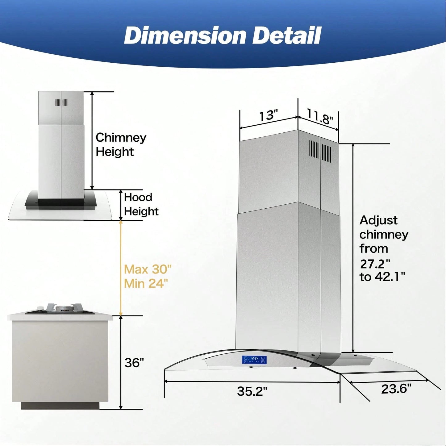 Tieasy 36" Island Mount Kitchen Range Hood Stainless Steel Tempered Glass Touch Panel