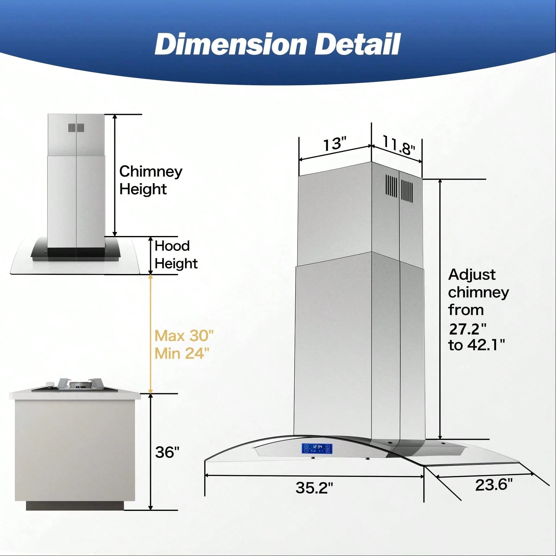 Tieasy 36" Island Mount Kitchen Range Hood Stainless Steel Tempered Glass Touch Panel