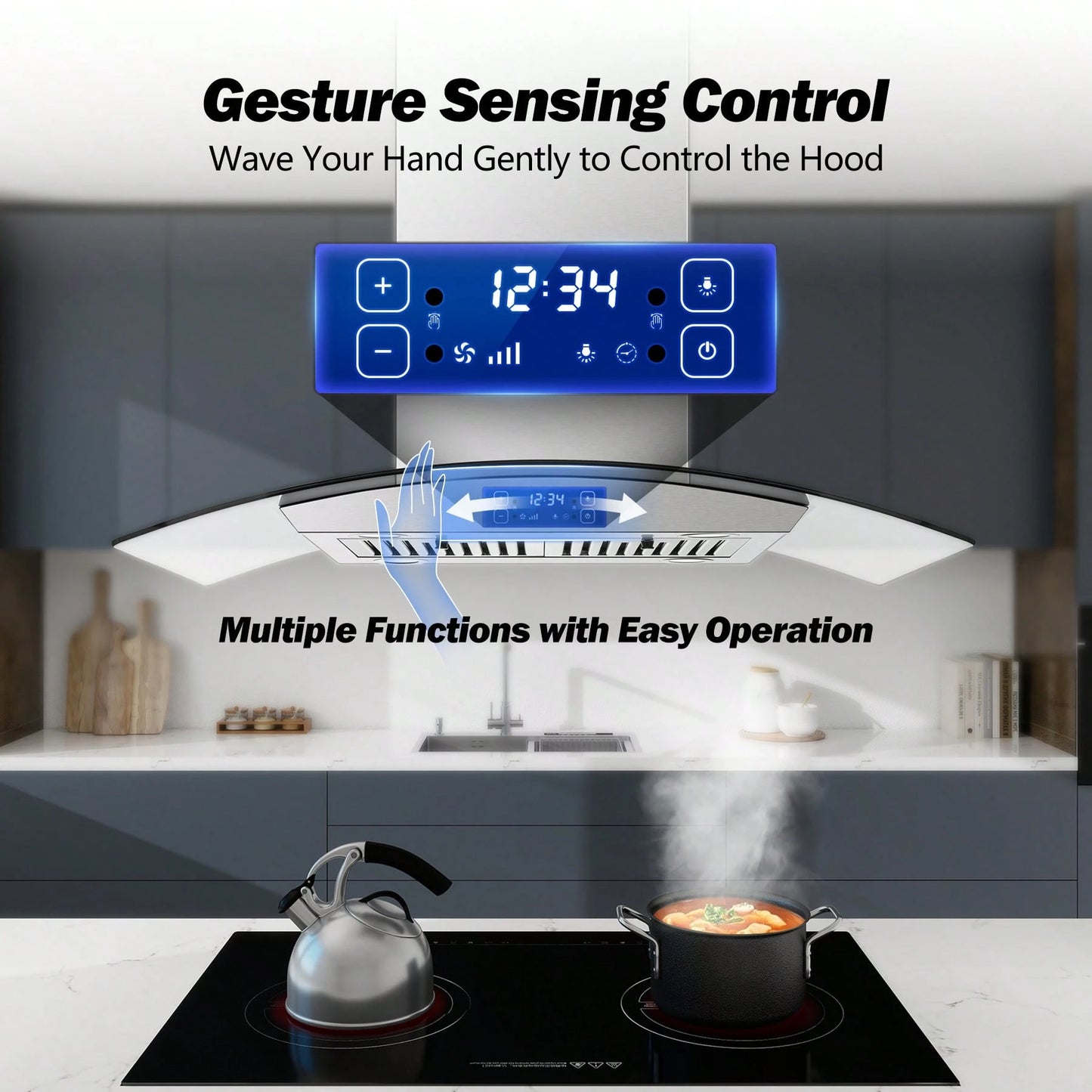 Tieasy 36" Island Mount Kitchen Range Hood Stainless Steel Tempered Glass Touch Panel