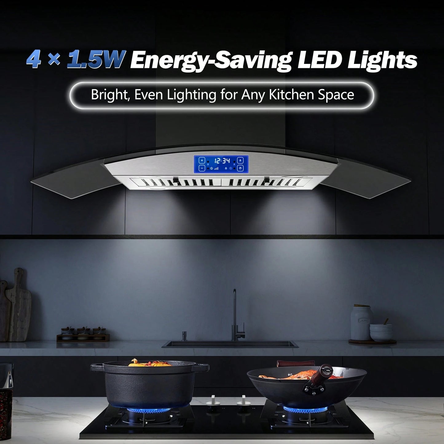 Tieasy 36" Island Mount Kitchen Range Hood Stainless Steel Tempered Glass Touch Panel