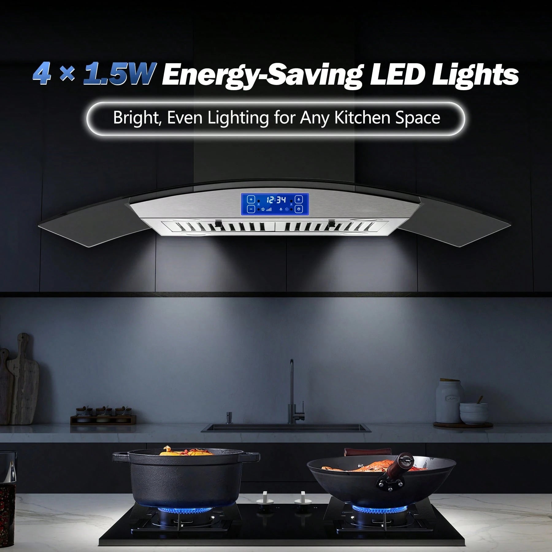 Tieasy 36" Island Mount Kitchen Range Hood Stainless Steel Tempered Glass Touch Panel