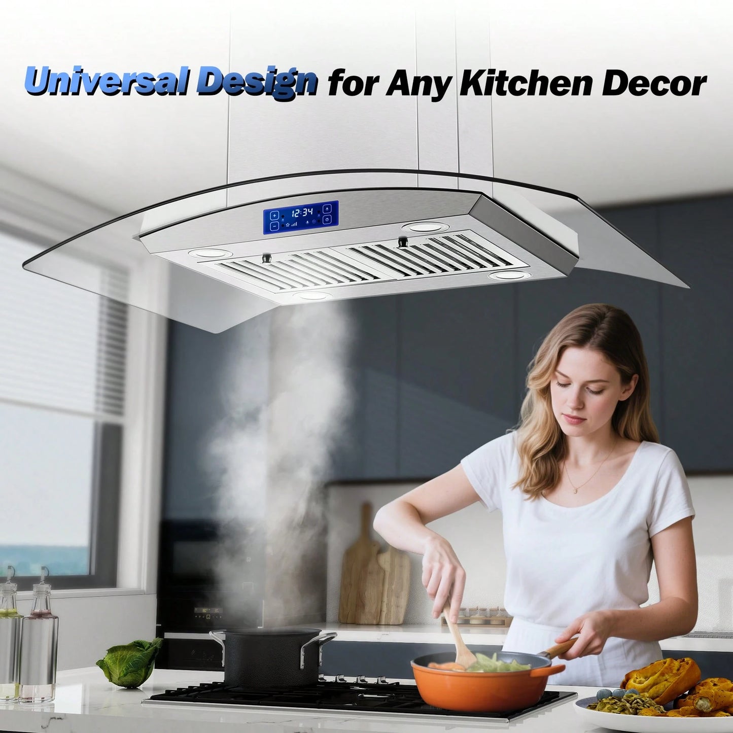Tieasy 36" Island Mount Kitchen Range Hood Stainless Steel Tempered Glass Touch Panel