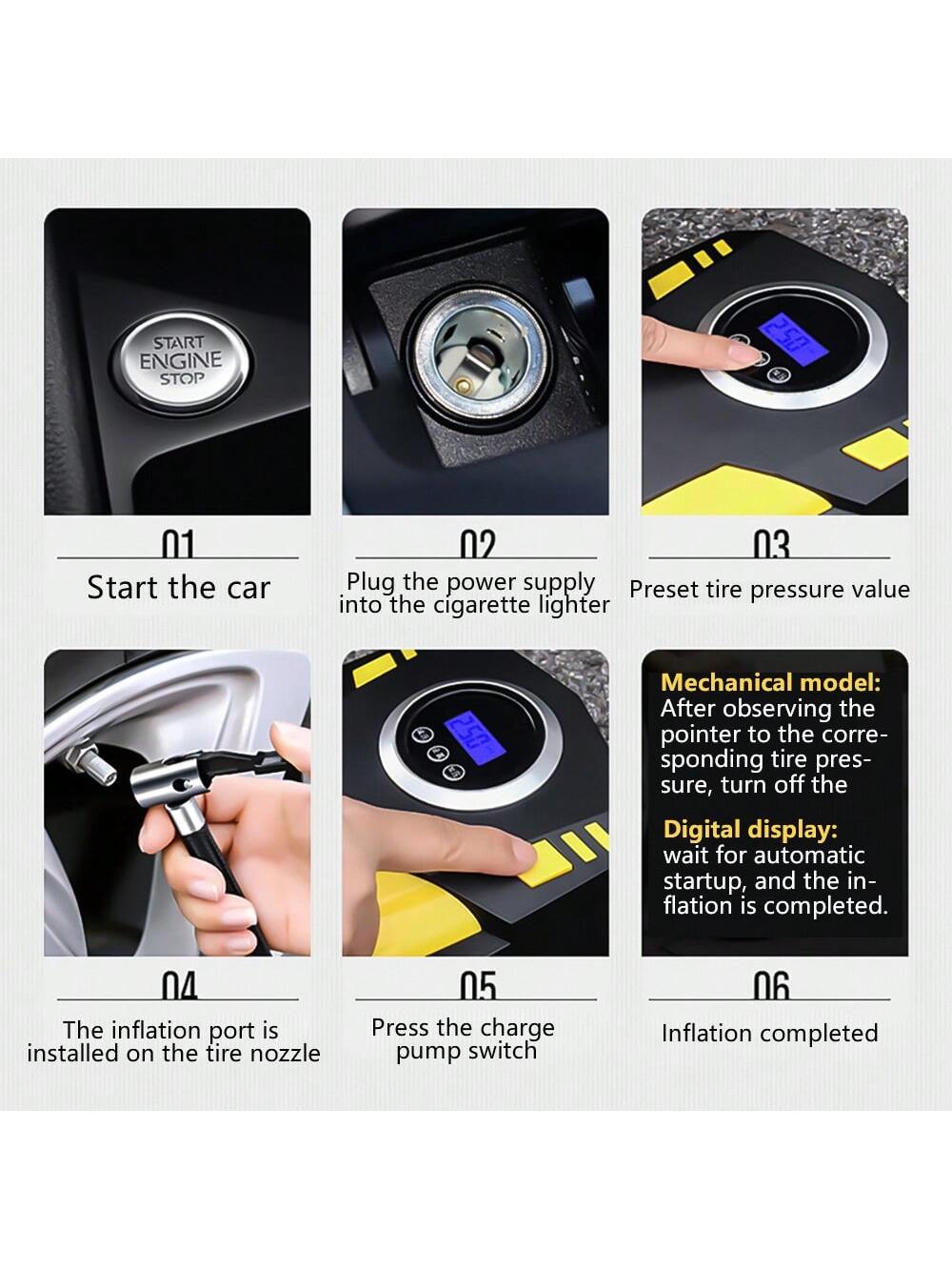 Tire Inflator Portable Air Compressor- Air Pump For Car Tires, LED Light,12V, Suitable For Bicycles, Motorcycles, Etc