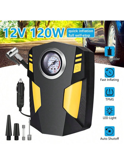 Tire Inflator Portable Air Compressor- Air Pump For Car Tires, LED Light,12V, Suitable For Bicycles, Motorcycles, Etc