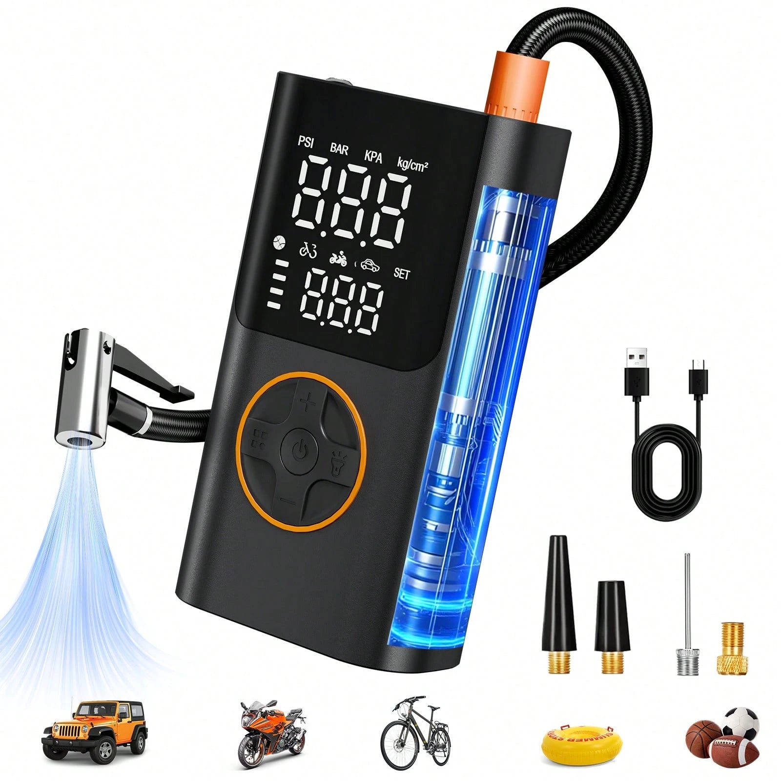 Tire Inflator Portable Air Compressor, Bike Pump With Gauge And USB Charging Output, 150PSI Fast Inflation Portable Tire Inflator For Car Bicycles Motorcycles Scooter Balls