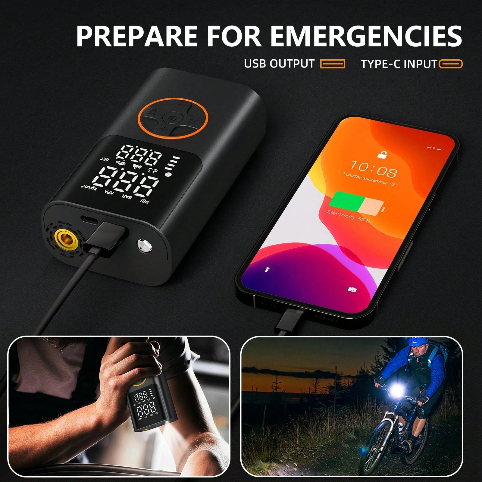 Tire Inflator Portable Air Compressor, Bike Pump With Gauge And USB Charging Output, 150PSI Fast Inflation Portable Tire Inflator For Car Bicycles Motorcycles Scooter Balls