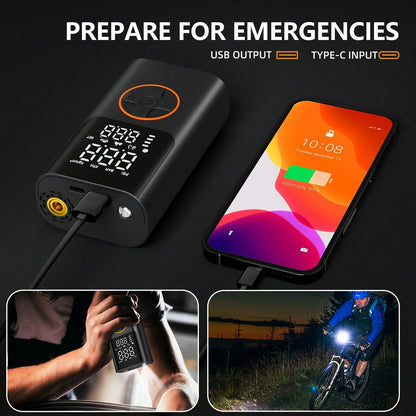 Tire Inflator Portable Air Compressor, Bike Pump With Gauge And USB Charging Output, 150PSI Fast Inflation Portable Tire Inflator For Car Bicycles Motorcycles Scooter Balls