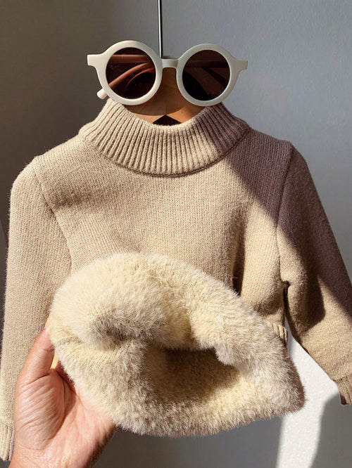 Toddler Baby Boys/Girls Khaki Solid Color Turtleneck Sweater, Versatile For Autumn And Winter