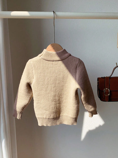 Toddler Baby Boys/Girls Khaki Solid Color Turtleneck Sweater, Versatile For Autumn And Winter