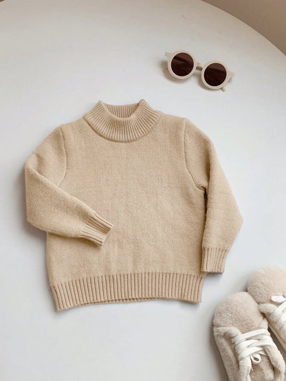 Toddler Baby Boys/Girls Khaki Solid Color Turtleneck Sweater, Versatile For Autumn And Winter