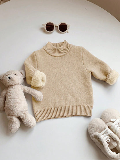 Toddler Baby Boys/Girls Khaki Solid Color Turtleneck Sweater, Versatile For Autumn And Winter