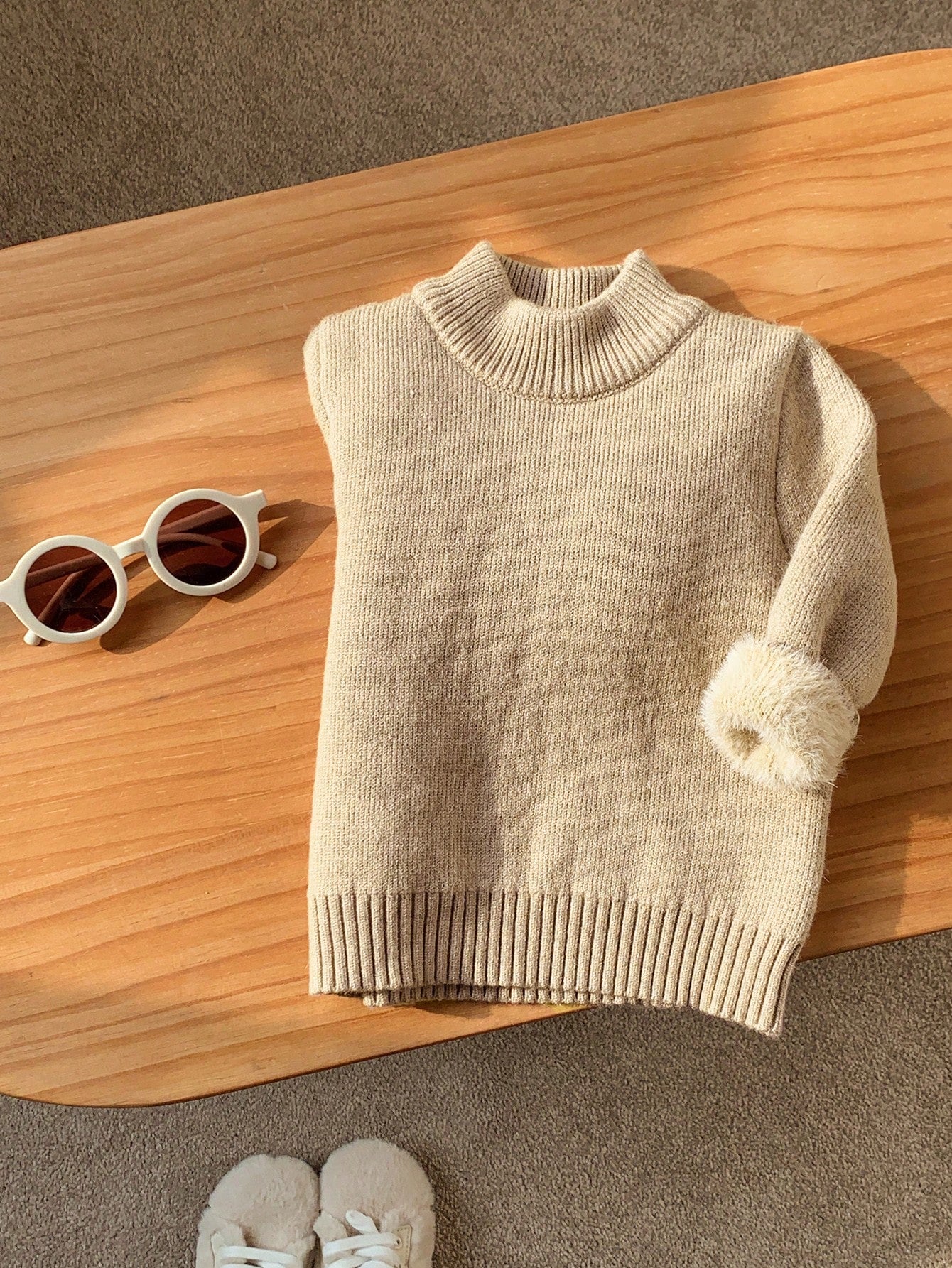 Toddler Baby Boys/Girls Khaki Solid Color Turtleneck Sweater, Versatile For Autumn And Winter