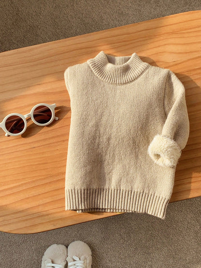 Toddler Baby Boys/Girls Khaki Solid Color Turtleneck Sweater, Versatile For Autumn And Winter