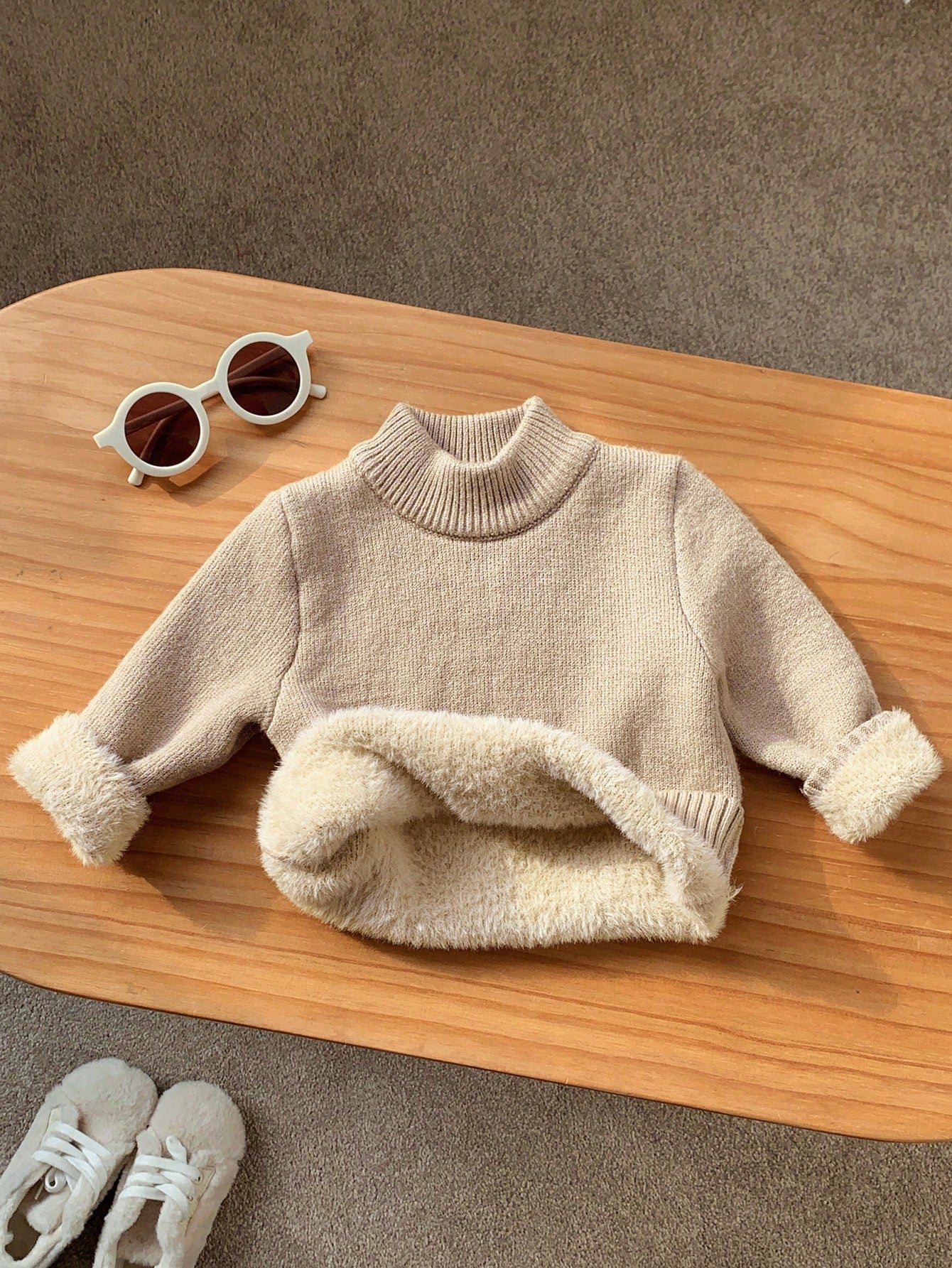 Toddler Baby Boys/Girls Khaki Solid Color Turtleneck Sweater, Versatile For Autumn And Winter