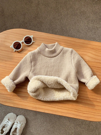 Toddler Baby Boys/Girls Khaki Solid Color Turtleneck Sweater, Versatile For Autumn And Winter