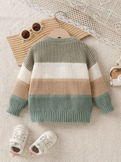 Toddler Boys' Sage Green Pullover Sweater,Autumn Casual Back-To-School Baby Knitwear Jumper,Korean Style Stand Collar Jacket Clothes For Fall Winter