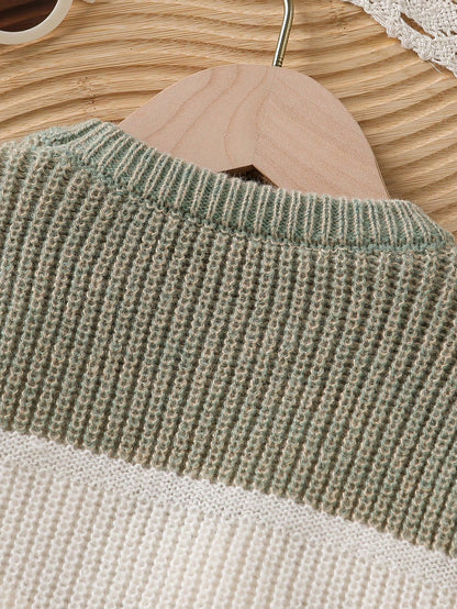 Toddler Boys' Sage Green Pullover Sweater,Autumn Casual Back-To-School Baby Knitwear Jumper,Korean Style Stand Collar Jacket Clothes For Fall Winter