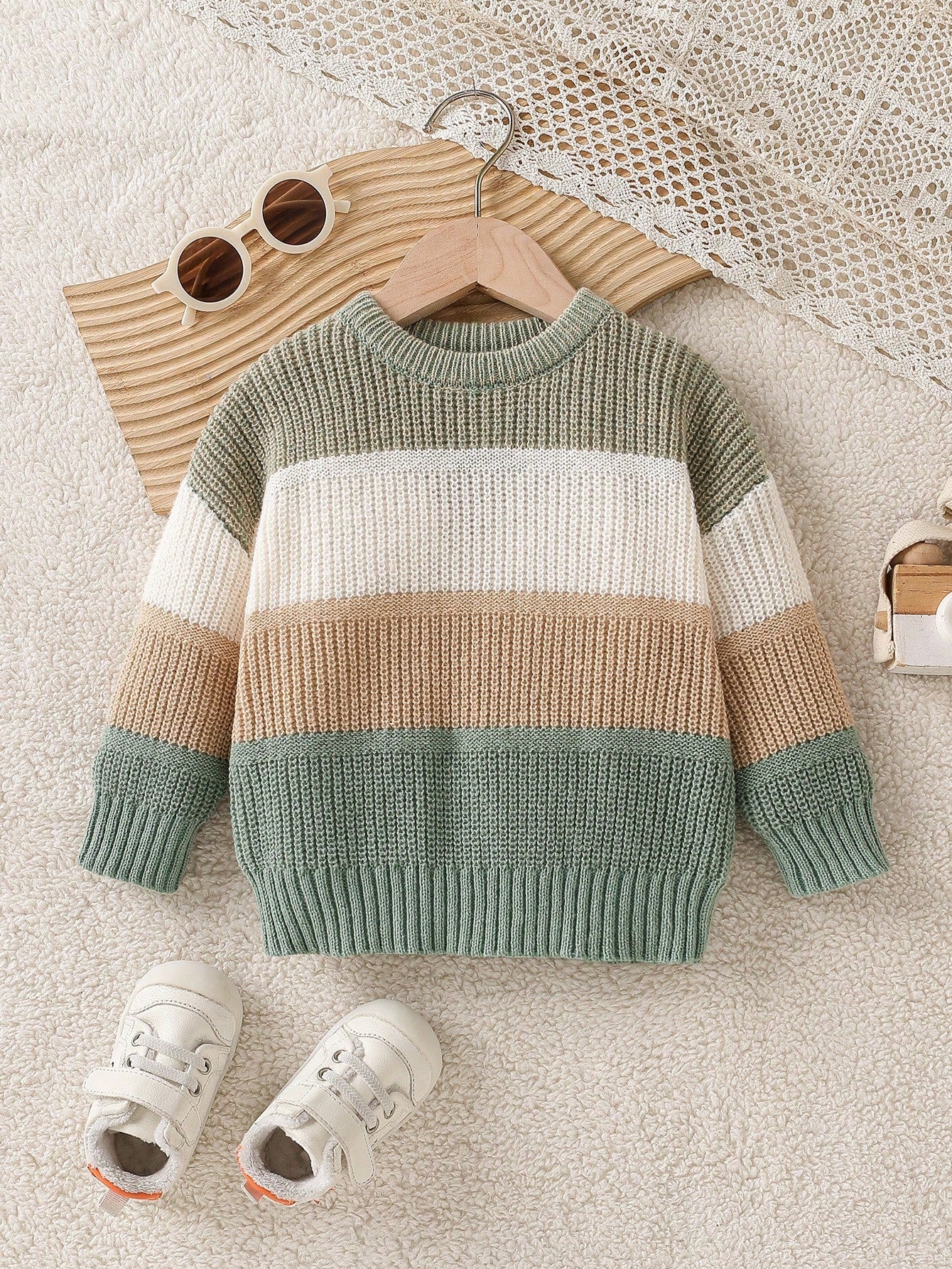 Toddler Boys' Sage Green Pullover Sweater,Autumn Casual Back-To-School Baby Knitwear Jumper,Korean Style Stand Collar Jacket Clothes For Fall Winter