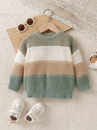 Toddler Boys' Sage Green Pullover Sweater,Autumn Casual Back-To-School Baby Knitwear Jumper,Korean Style Stand Collar Jacket Clothes For Fall Winter