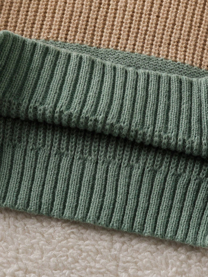 Toddler Boys' Sage Green Pullover Sweater,Autumn Casual Back-To-School Baby Knitwear Jumper,Korean Style Stand Collar Jacket Clothes For Fall Winter