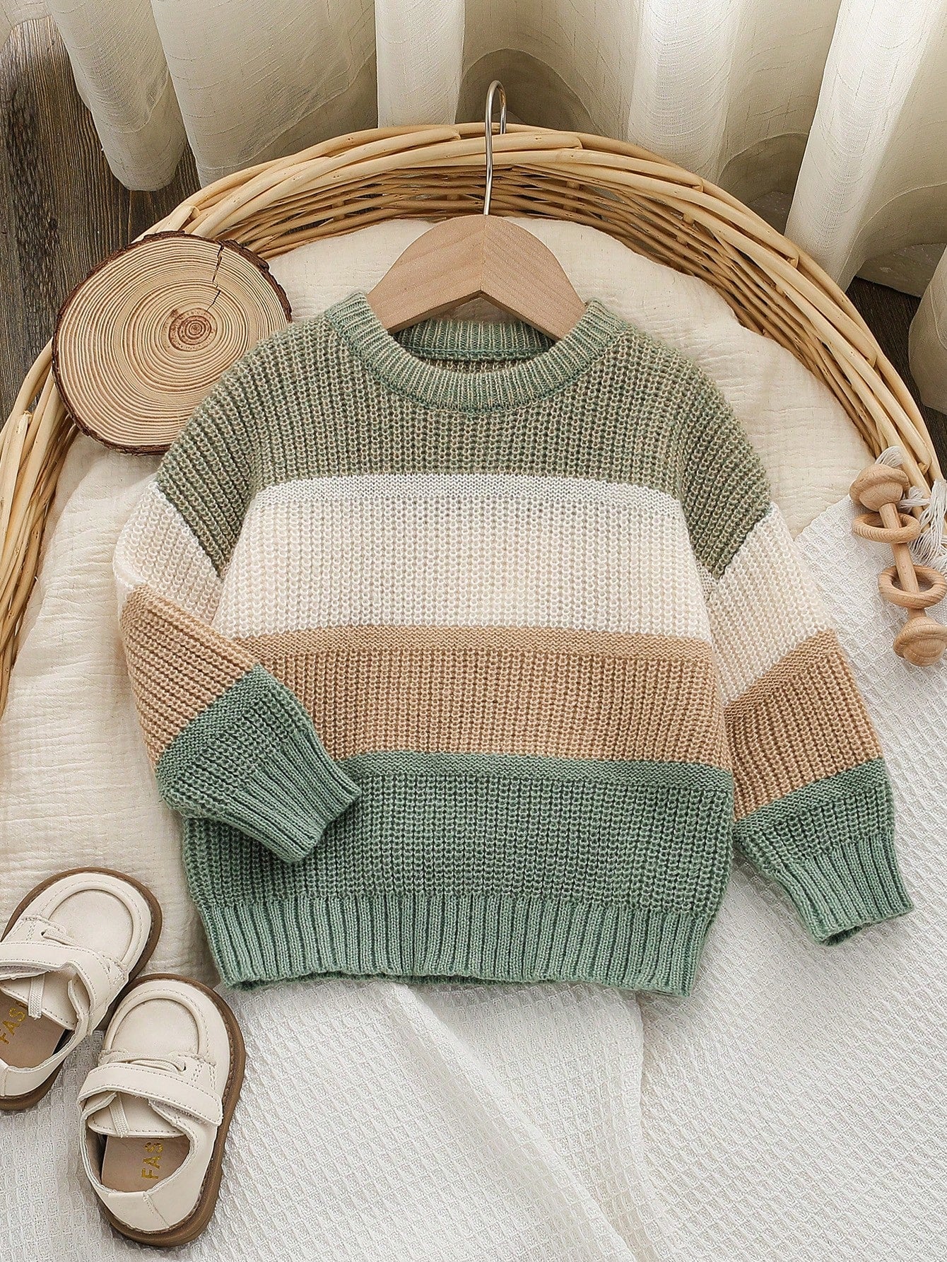 Toddler Boys' Sage Green Pullover Sweater,Autumn Casual Back-To-School Baby Knitwear Jumper,Korean Style Stand Collar Jacket Clothes For Fall Winter