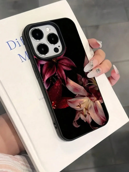 TPU Floral Elements Fashion 1pc Maroon Lily Flower Painted Matte Textured Full Coverage TPU Shockproof Stylish Phone Case Compatible With Apple 11 12 13 14 15 16 17 Pro Max Spring