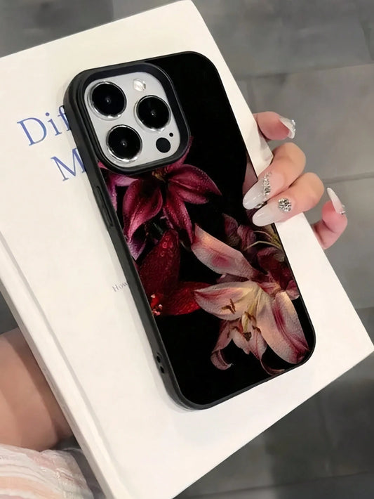 TPU Floral Elements Fashion 1pc Maroon Lily Flower Painted Matte Textured Full Coverage TPU Shockproof Stylish Phone Case Compatible With Apple 11 12 13 14 15 16 17 Pro Max Spring