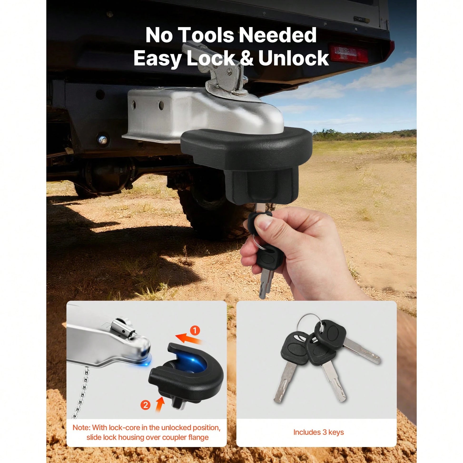 Trailer Hitch Lock, Compatible With 2 Inch Couplers, Heavy-Duty Anti-Theft Trailer Ball Lock With 3 Keys, Prying-Resistant & Impact-Resistant, Fits For RVs, Boats, Off-Road Vehicles, Trailers