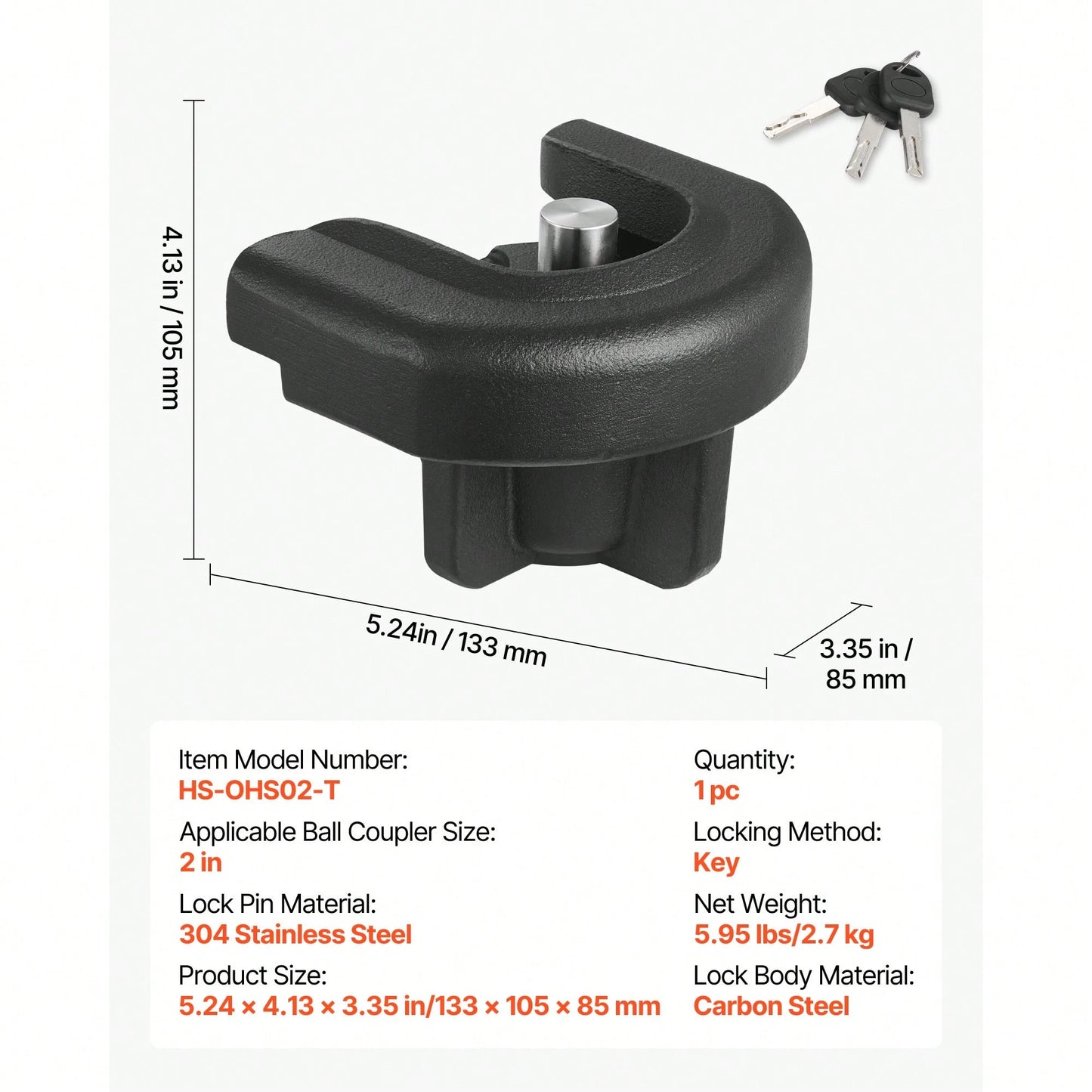 Trailer Hitch Lock, Compatible With 2 Inch Couplers, Heavy-Duty Anti-Theft Trailer Ball Lock With 3 Keys, Prying-Resistant & Impact-Resistant, Fits For RVs, Boats, Off-Road Vehicles, Trailers