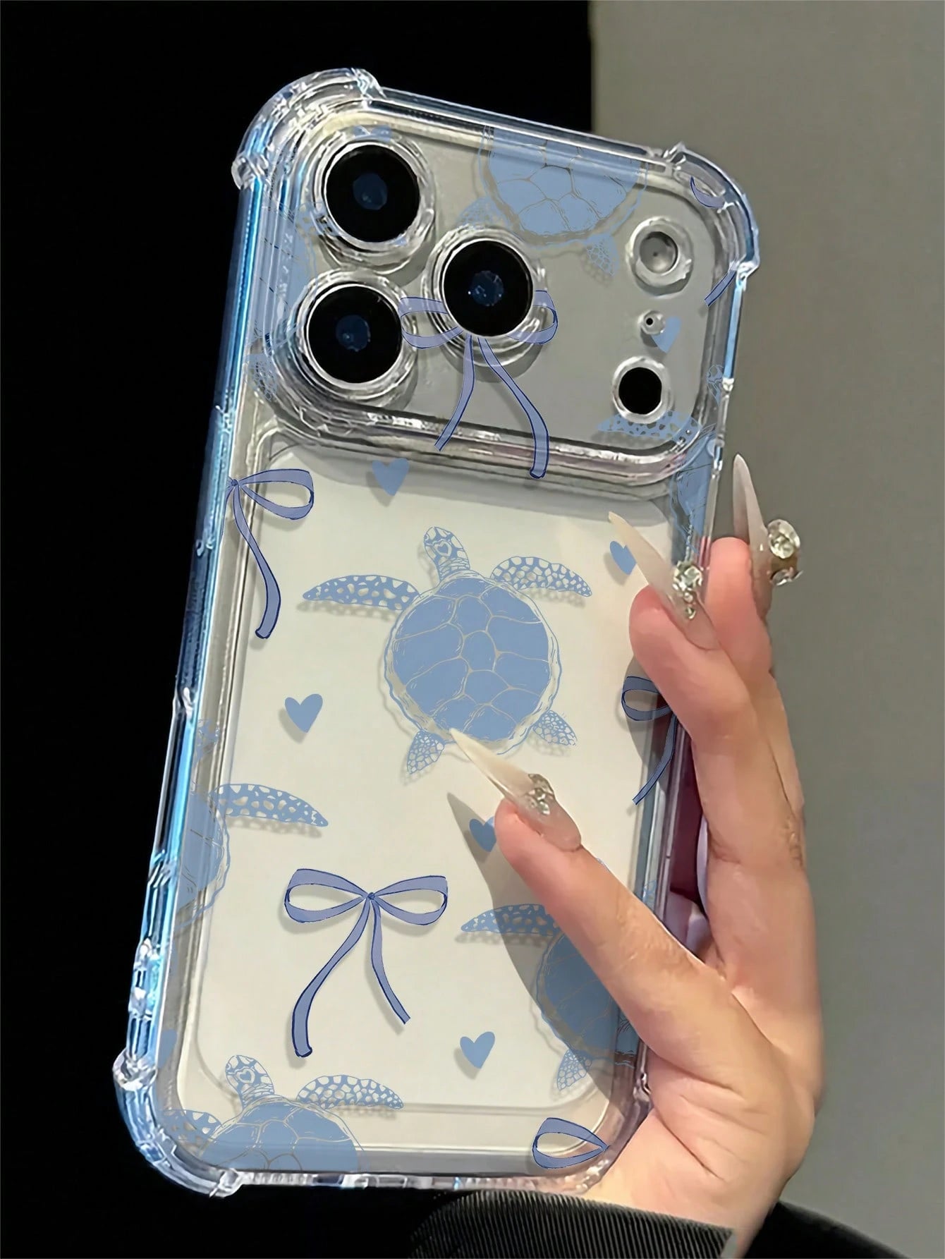 Transparent Airbag Shockproof Blue Tone Turtle Bow Heart Print Phone Case, Summer Fresh Versatile, Compatible With Apple 17/17 Pro/17 Pro Max/16/16 Pro/16 Plus/16 Pro Max/15/15 Pro/15 Plus/14/14 Pro/1