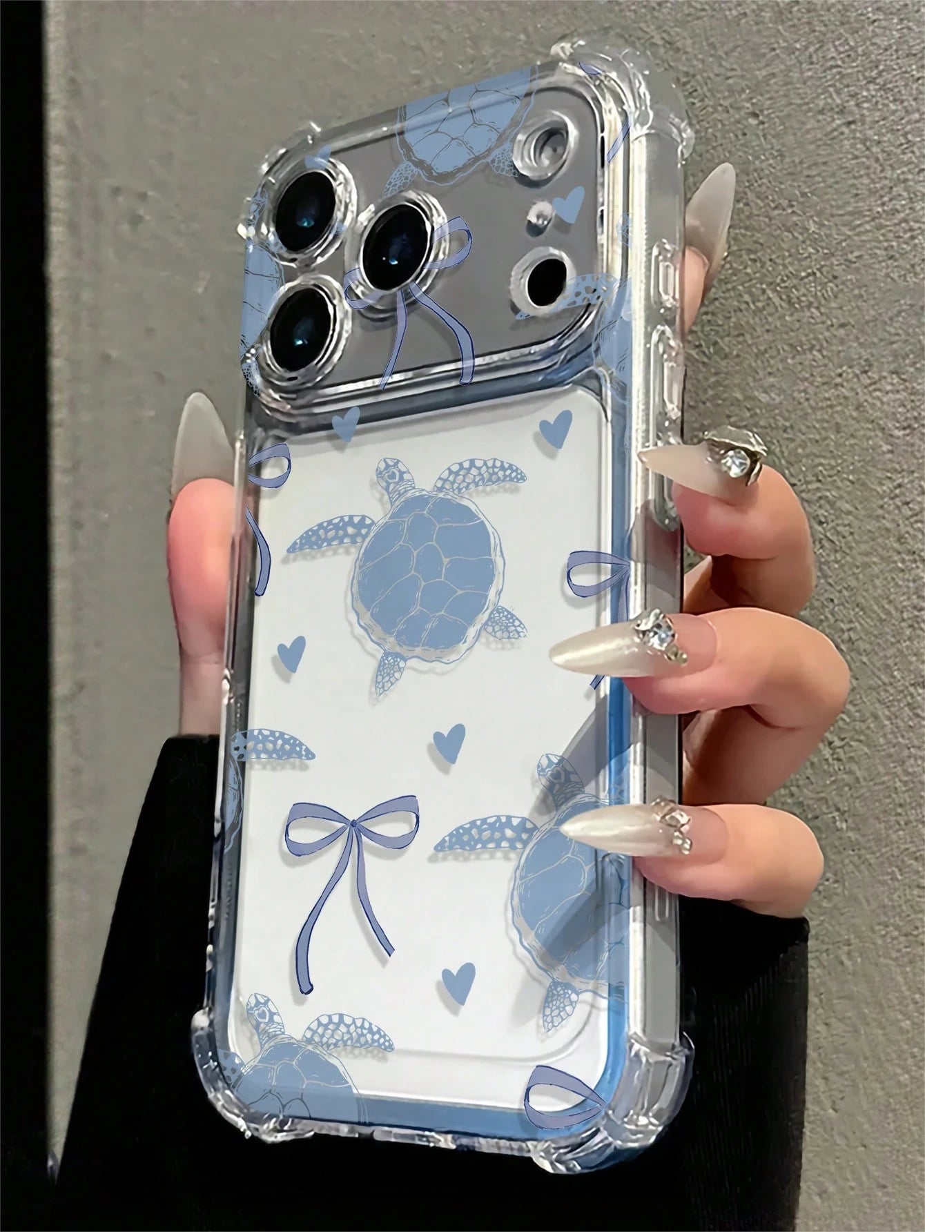 Transparent Airbag Shockproof Blue Tone Turtle Bow Heart Print Phone Case, Summer Fresh Versatile, Compatible With Apple 17/17 Pro/17 Pro Max/16/16 Pro/16 Plus/16 Pro Max/15/15 Pro/15 Plus/14/14 Pro/1