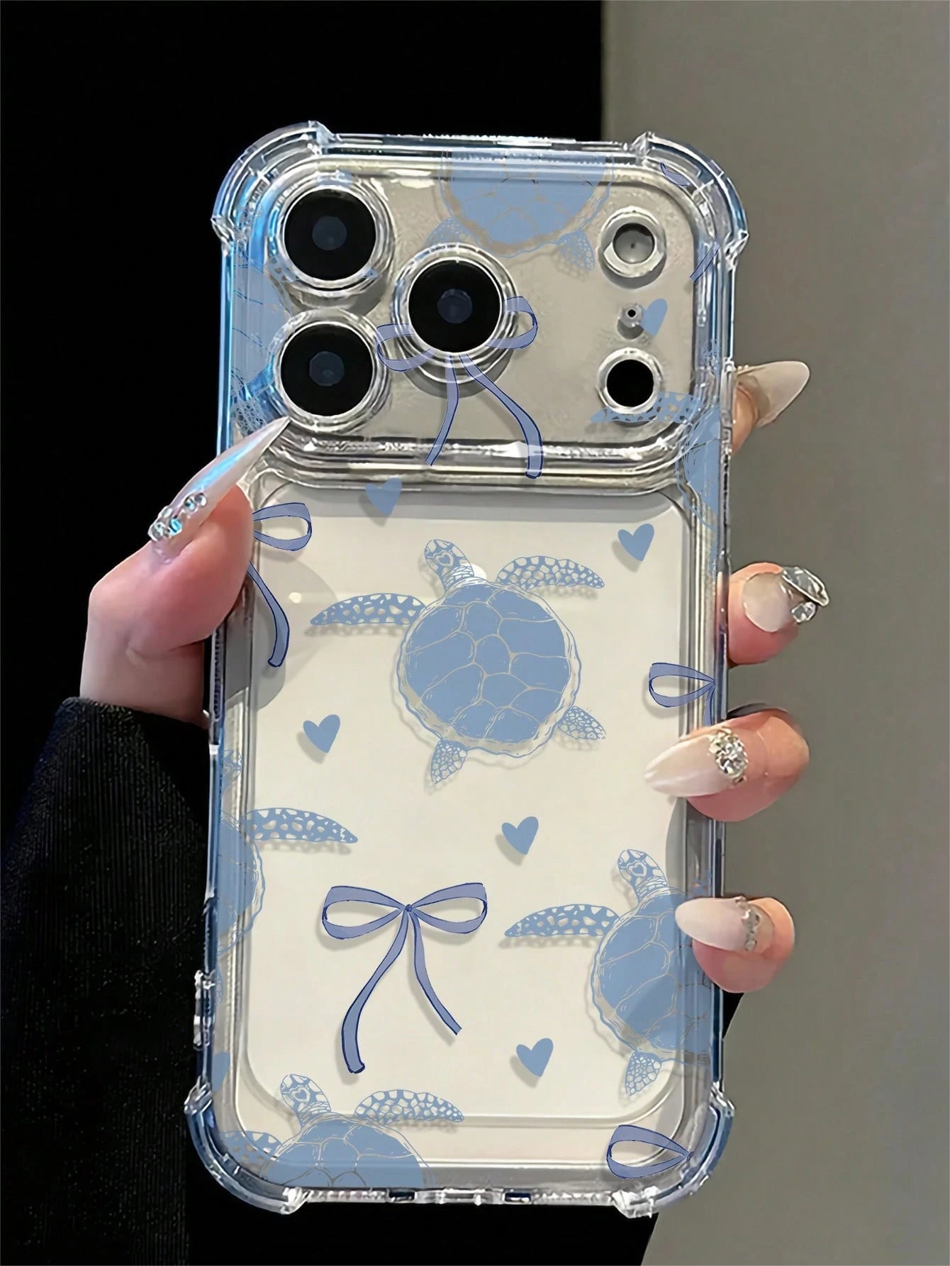Transparent Airbag Shockproof Blue Tone Turtle Bow Heart Print Phone Case, Summer Fresh Versatile, Compatible With Apple 17/17 Pro/17 Pro Max/16/16 Pro/16 Plus/16 Pro Max/15/15 Pro/15 Plus/14/14 Pro/1