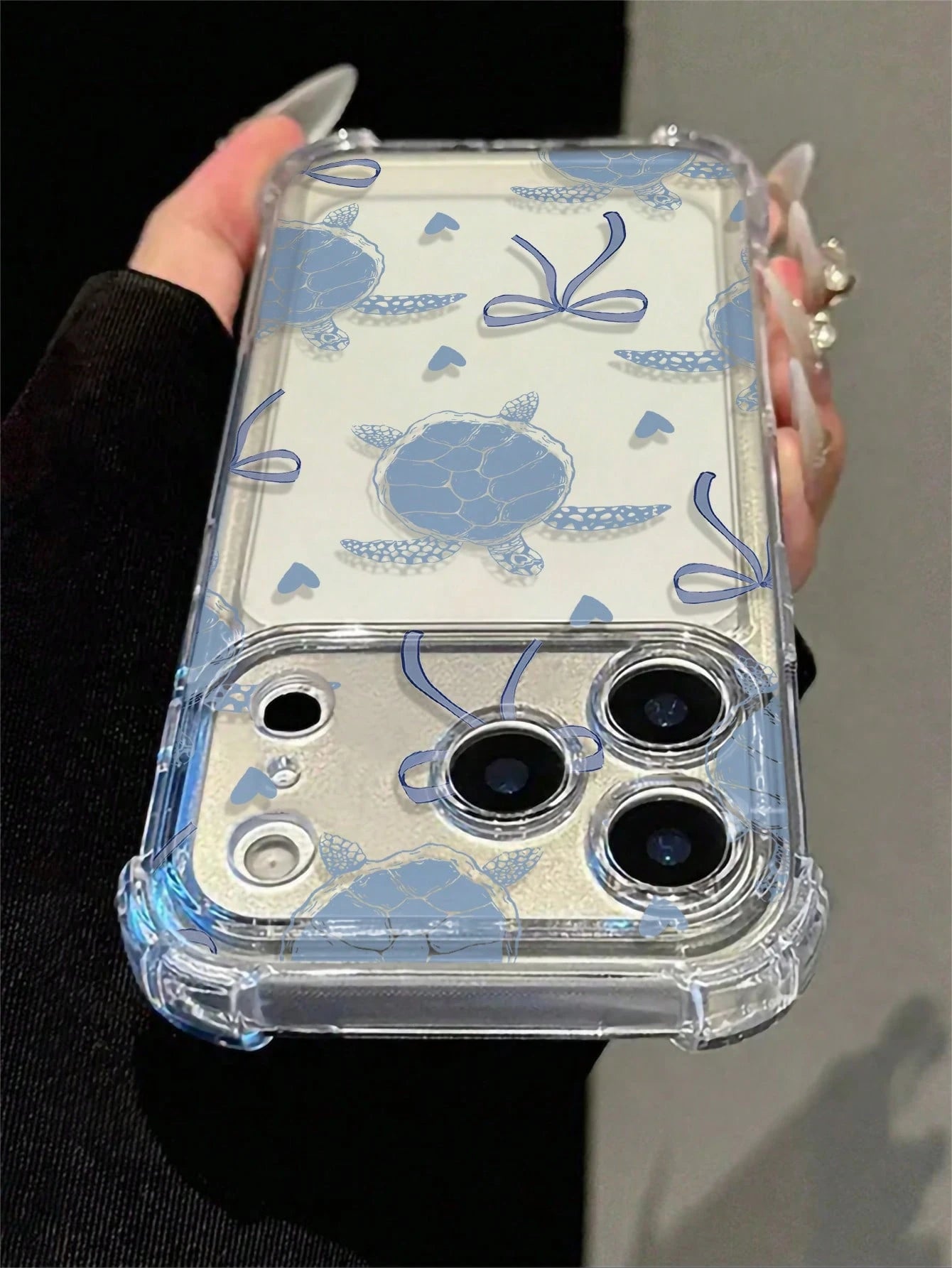 Transparent Airbag Shockproof Blue Tone Turtle Bow Heart Print Phone Case, Summer Fresh Versatile, Compatible With Apple 17/17 Pro/17 Pro Max/16/16 Pro/16 Plus/16 Pro Max/15/15 Pro/15 Plus/14/14 Pro/1