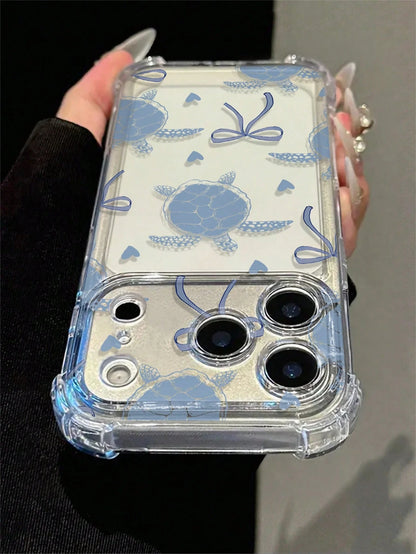 Transparent Airbag Shockproof Blue Tone Turtle Bow Heart Print Phone Case, Summer Fresh Versatile, Compatible With Apple 17/17 Pro/17 Pro Max/16/16 Pro/16 Plus/16 Pro Max/15/15 Pro/15 Plus/14/14 Pro/1