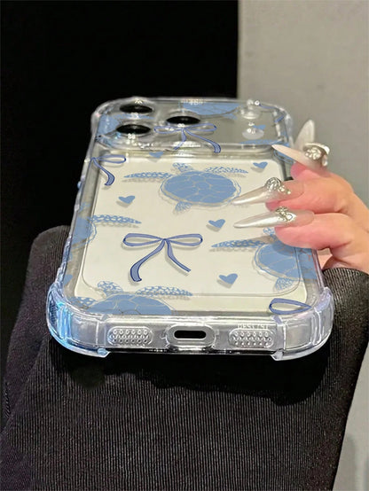 Transparent Airbag Shockproof Blue Tone Turtle Bow Heart Print Phone Case, Summer Fresh Versatile, Compatible With Apple 17/17 Pro/17 Pro Max/16/16 Pro/16 Plus/16 Pro Max/15/15 Pro/15 Plus/14/14 Pro/1