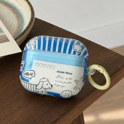 Transparent Blue Striped Illustration Dachshund Dog With Hanging Ring Earphone Case Compatible With Apple AirPodsPro3 Case/AirPodsPro2 Case/AirPodsPro Case/AirPods4 Case/AirPods3 Case/AirPods2 Case/Fa