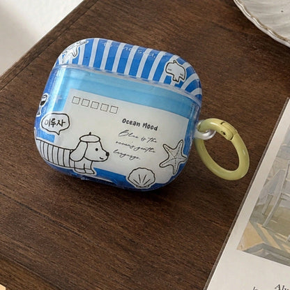 Transparent Blue Striped Illustration Dachshund Dog With Hanging Ring Earphone Case Compatible With Apple AirPodsPro3 Case/AirPodsPro2 Case/AirPodsPro Case/AirPods4 Case/AirPods3 Case/AirPods2 Case/Fa