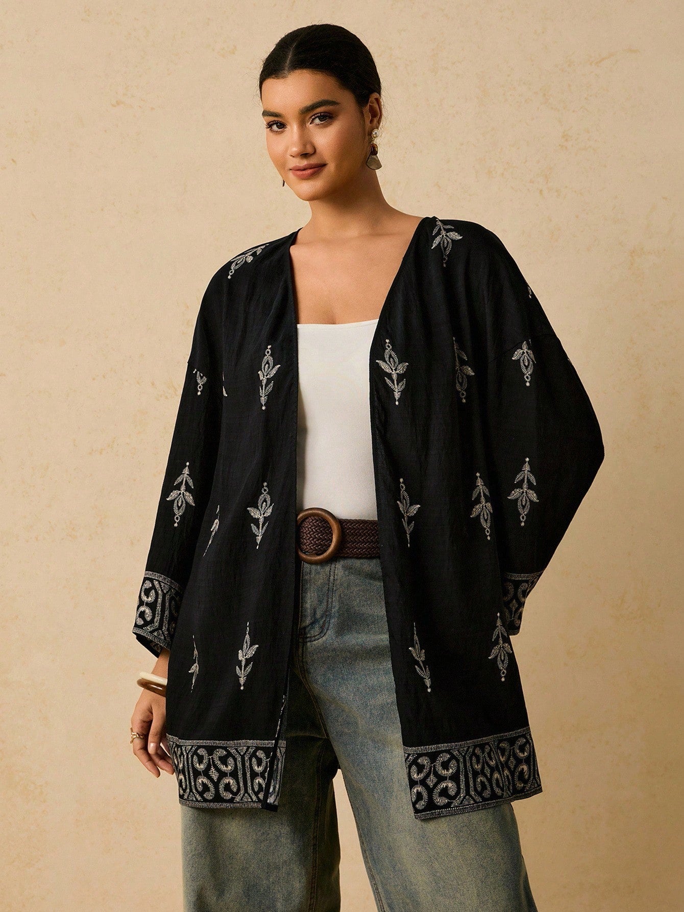 Travachic Plus Size Casual Geometric Pattern Loose Cardigan Shirt For Women, Autumn Fall